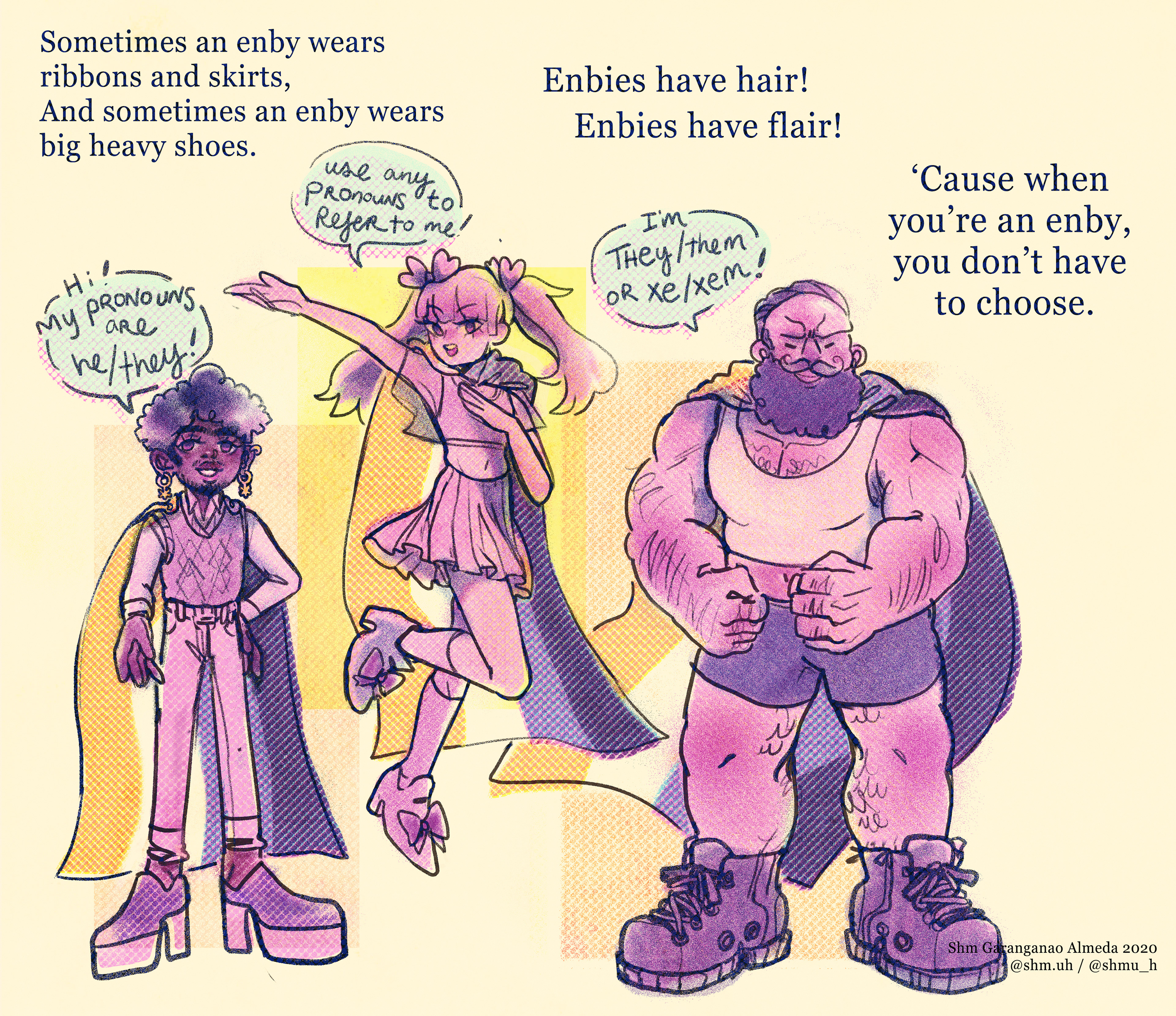 comic showing how three nonbinary people can look and dress completely different and still all be equally valid as enbys